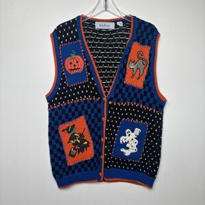 BellePointe Vintage Halloween Sweater Vest Medium Black Orange Ghost